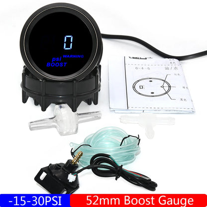 2" 52mm Car Digital Turbo Boost Gauge PSI BAR Water Temp Oil Temp Oil Pressure Gauge Voltmeter EGT Tachometer RPM Gauge Car 12V