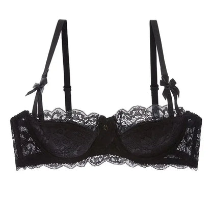 BANERDANNI French Lace Bralette Set Breathable Non-Padded Bra for Petite Sheer Floral Lingerie Wireless Comfort Anti-Gap Design