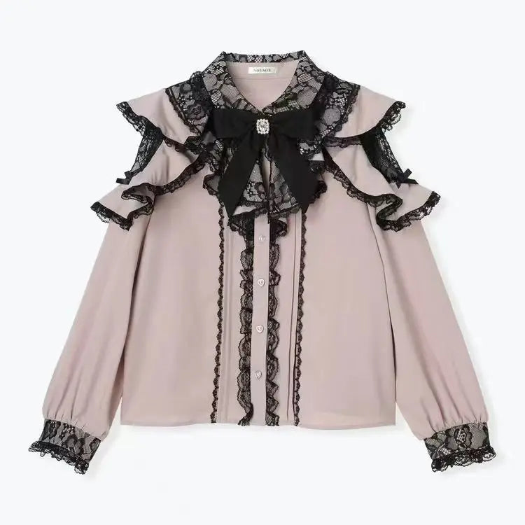 Jirai Kei Lolita Blouse Kawaii Top Women Cute Japanese Style Shirt with Bow Y2K Elegant Long Sleeve Sweet Casual Aesthetic Tops