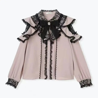 Jirai Kei Lolita Blouse Kawaii Top Women Cute Japanese Style Shirt with Bow Y2K Elegant Long Sleeve Sweet Casual Aesthetic Tops