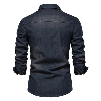 2025 Autumn Cotton Denim Shirts Men Casual Long Sleeve Quality Cowboy Shirt Solid Color Slim Fit Elastic Navy Blue Black Clothes