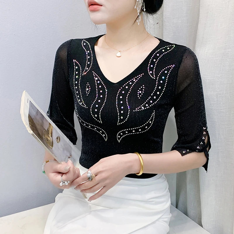 2026 Spring Summer Mesh Tops Korean Fashion Diamond T Shirt Slim 3/4 Sleeve Hollow Out Casual Women Shirt