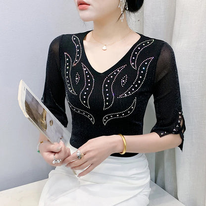 2026 Spring Summer Mesh Tops Korean Fashion Diamond T Shirt Slim 3/4 Sleeve Hollow Out Casual Women Shirt