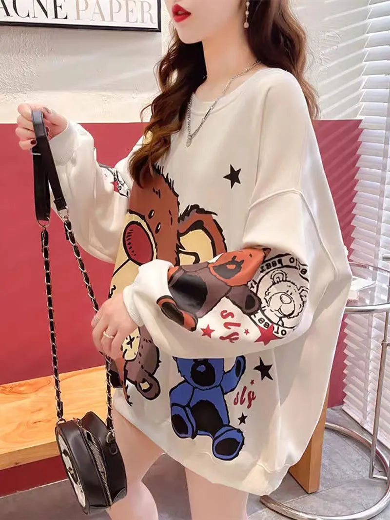 Spring Loose Fit Women's Hoodless Sweatshirt Thin New Korean Style Casual Outerwear Top Bamboo Cotton Long Sleeve round Neck