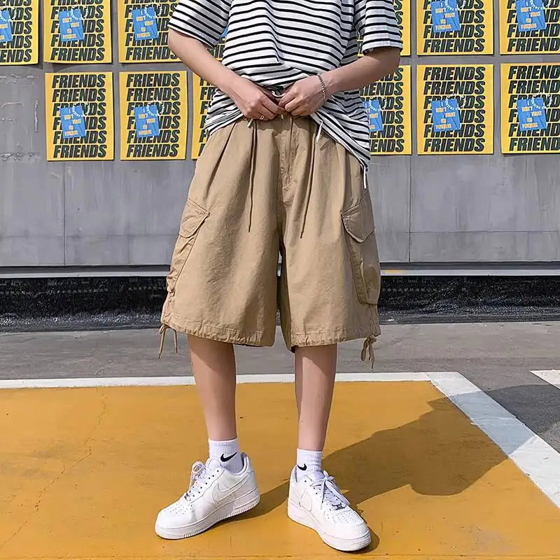 Man Casual Cropped Pants 2026 Summer Men's American Vintage Cargo Shorts Big Pockets Drawstring High Street Loose Wide Leg Pants