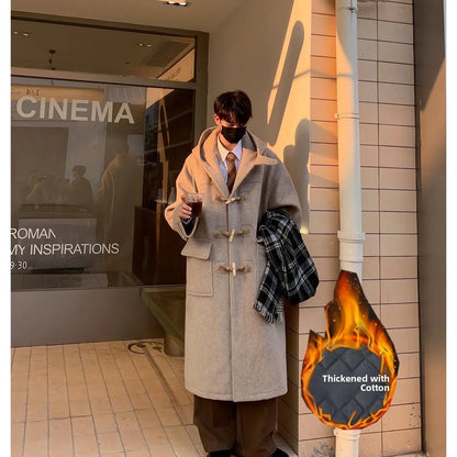 Japanese Style Woolen Coat with Horn Buttons Unisex Winter Loose Long Hooded Jacket Thickened Cotton Youthful Vitality Style