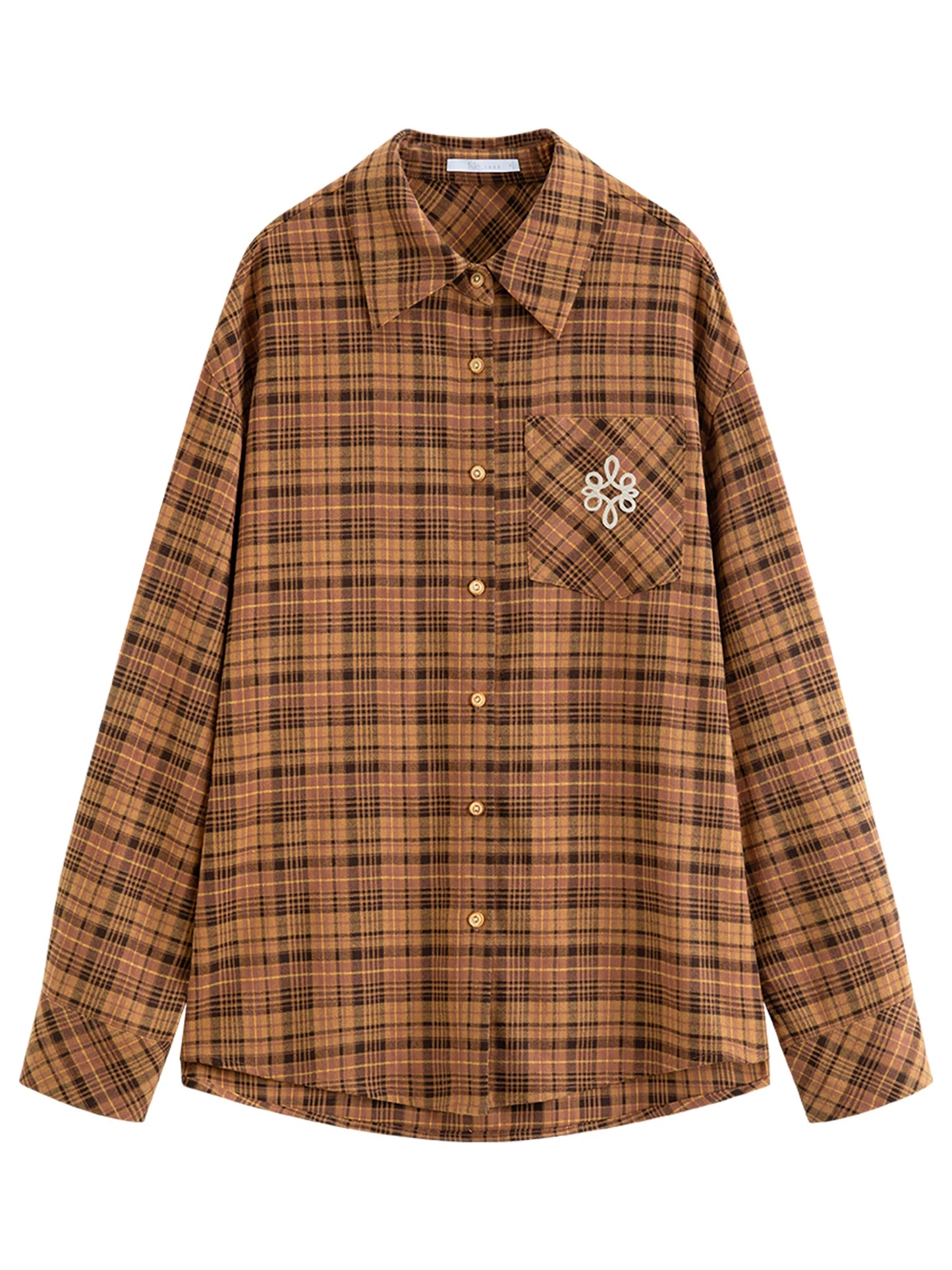 FSLE Brushed Plaid Shirt Women's Winter 2025 New Long Sleeve Plaid Retro Embroidery Shirt Classic Leisure Loose Tops