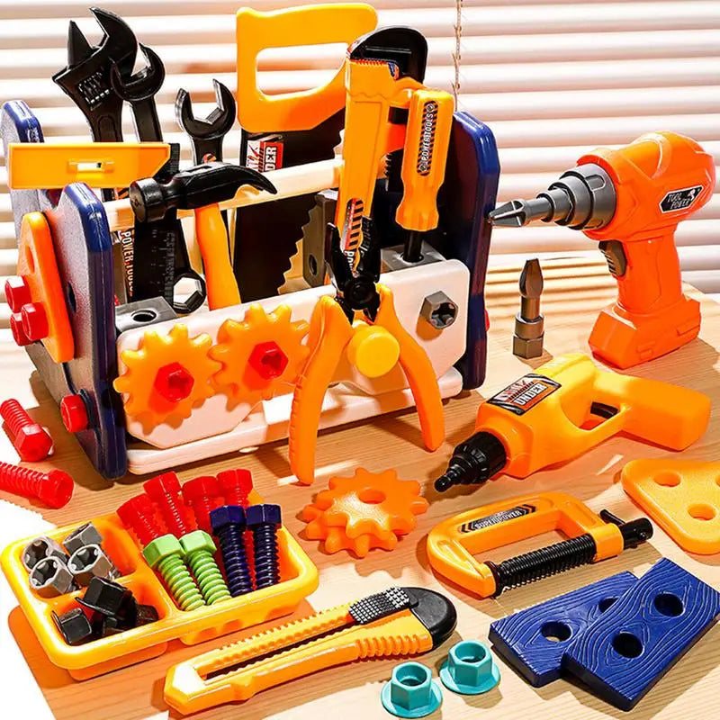 Children Pretend Play Repair Tools Play Game 2 In 1 DIY Toolbox Chair Toy Plastic Construction Screw Tools Toys for Boys Gifts