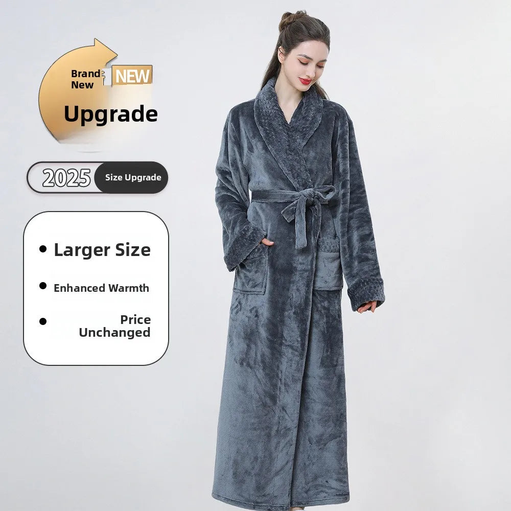 Thickened Long Ladies' Bathrobe Sleepwear Winter Warm Plush Robe Couple's Home Clothes Soft Flannel Material Comfortable Fit