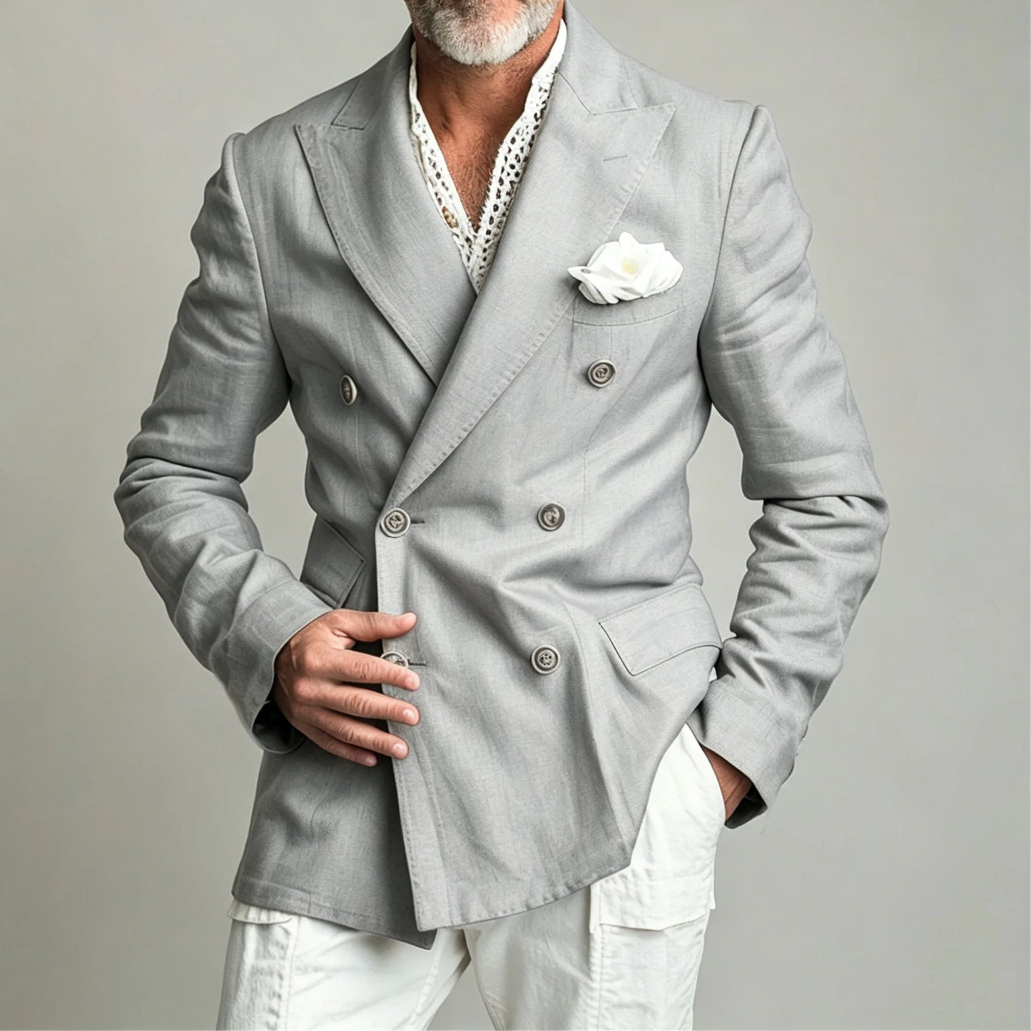 Men's Linen Blazer Jacket Summer Double Breasted Peak Lapel Slim Fit Lightweight Casual Linen Men Sport Coat For Gentlemen