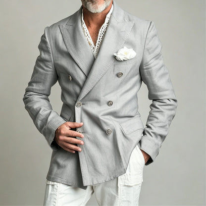 Men's Linen Blazer Jacket Summer Double Breasted Peak Lapel Slim Fit Lightweight Casual Linen Men Sport Coat For Gentlemen