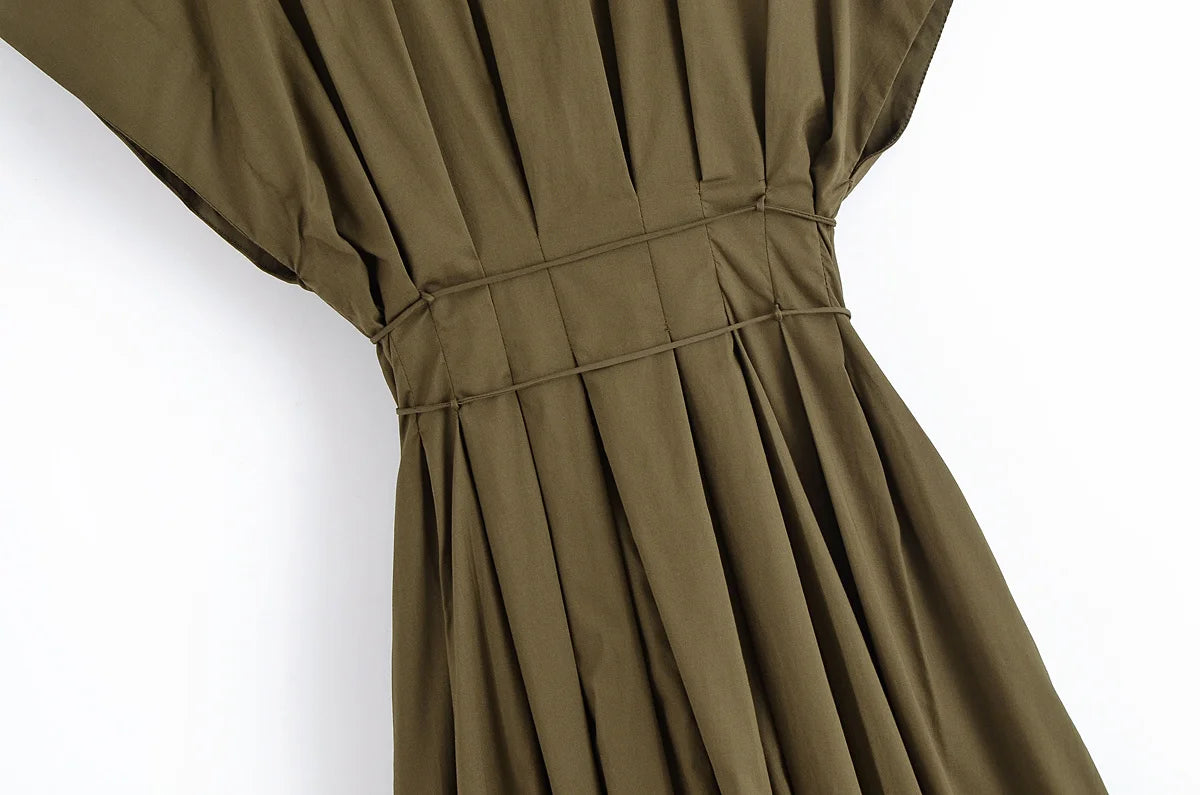 HH Women's Summer Fashion V-neck Lace-up Midi Short Sleeve Dress Female Elegant Backless Pleated Sexy Waist Long Dress