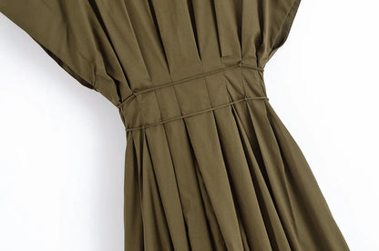 HH Women's Summer Fashion V-neck Lace-up Midi Short Sleeve Dress Female Elegant Backless Pleated Sexy Waist Long Dress