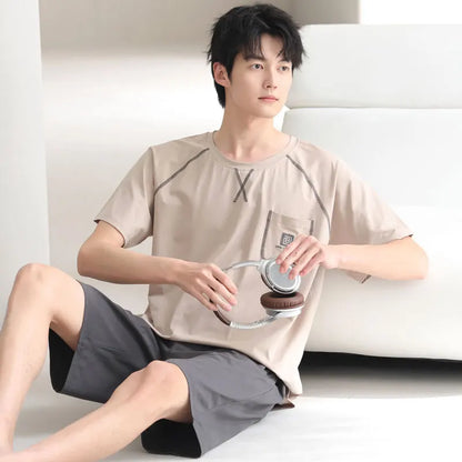 Cotton pajama set for men, home wear, short-sleeved short pants, casual and suitable for wearing outside.