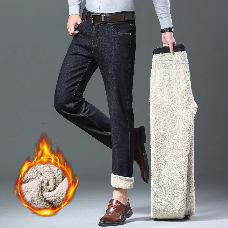 Winter Men's Fleece Jeans Classic Straight Casual Sherpa Thermal Trousers Thickened Warm Stretch Wool Velvet Denim Pants