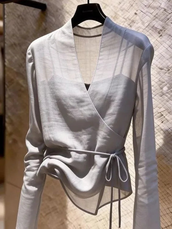 Gray Long Sleeve V-Neck Tulle Women's Shirt Design Sense Small Audience Fashionable Belted Top Commute Style Polyester