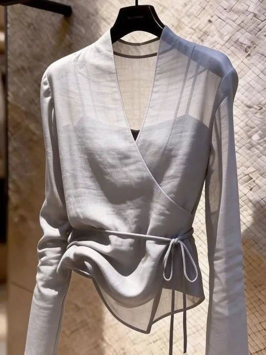 Gray Long Sleeve V-Neck Tulle Women's Shirt Design Sense Small Audience Fashionable Belted Top Commute Style Polyester