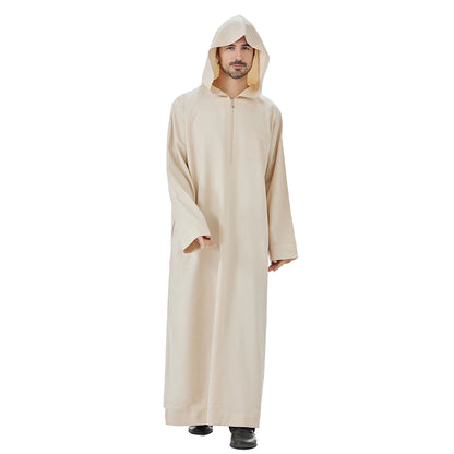 TH848 Men's Muslim Middle Eastern Men Long Sleeves Hooded Solid Color Zipper Robe Arab Male Jubba Thobe