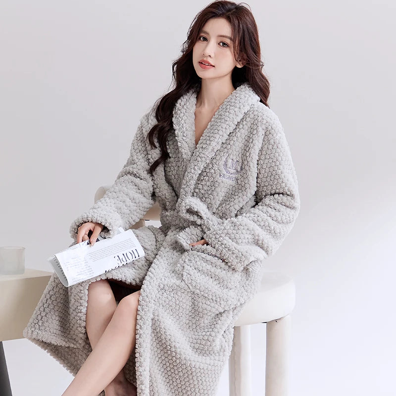Thiened Coral Fce Robe Long Plu Spwear for Couples Autumn Winter Sle Home Clothes Outerwear Polyester Fiber