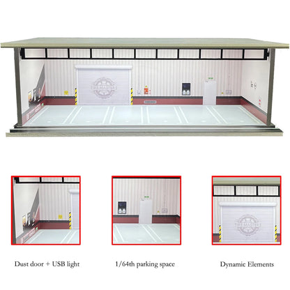 1/64 Scale Diecast Car Garage Diorama Model Miniature Case LED Light Parking Garage Diorama Kit for Collectible Cars Model