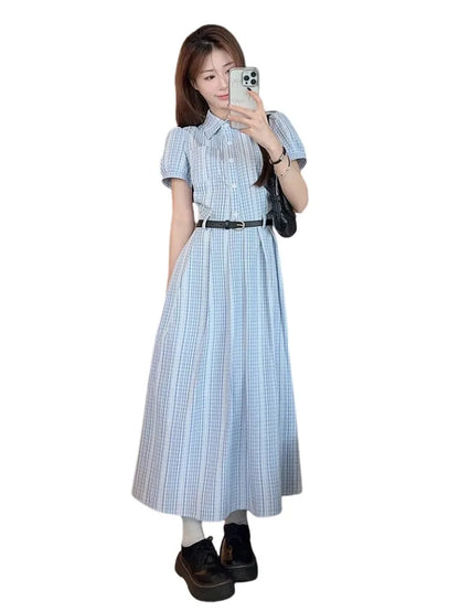 Gentle Wind Beautiful Blue Shirt Dress Women's Summer High-End Waist-Cinching Student Long Skirt Elegant Short Sleeve Knitted...