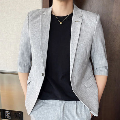 Men's Summer New Slim Fit 3/4 Sleeve Blazer Set Thin Seven-Point Sleeve Suit Outfit Casual Business Two-Piece Set