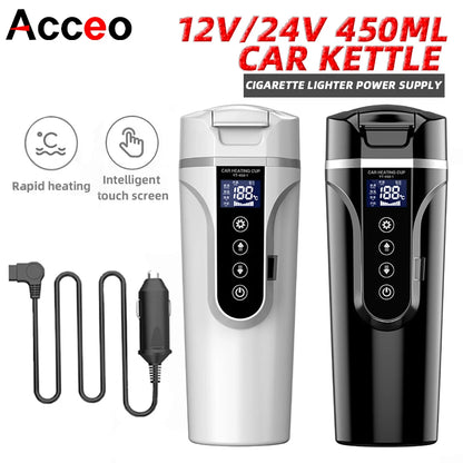 R31 450ml Car Heating Cup 12v/24v Portable Electric Kettle Smart Touch Screen Thermal Mug Temperature Adjustable Car Heating Mug
