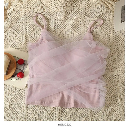 Sexy Mesh Splice Crop Top Backless Design Pure Color Strap Vest for Women Trendy Slimming Short Style Summer Fashion
