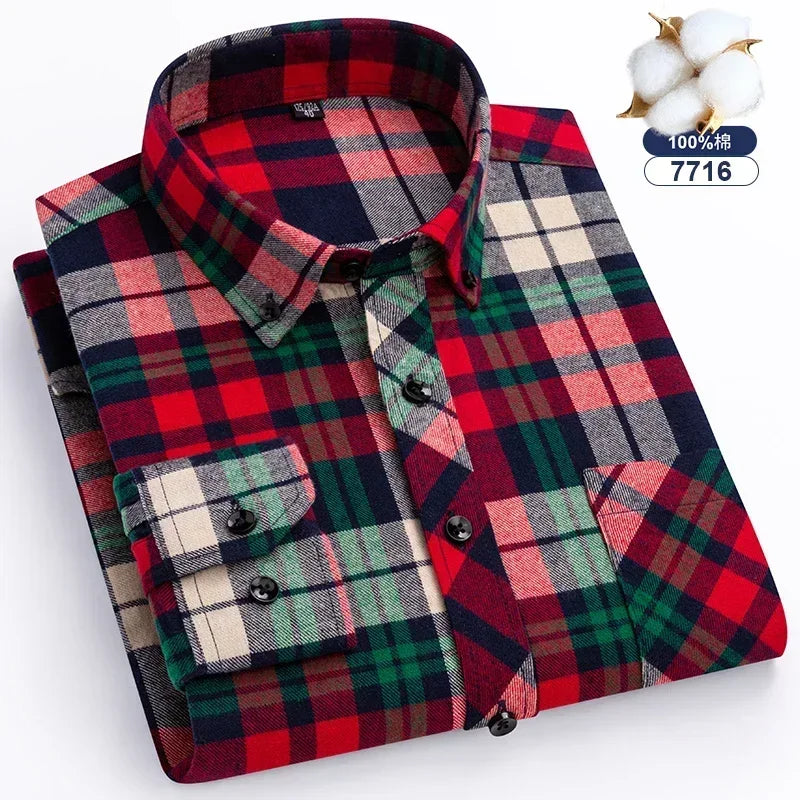 Autumn Winter Plaid Shirts Thick Flannel Shirt Standard-Fit for Men Long Sleeve Pure Cotton  Patch Pocket Design Young