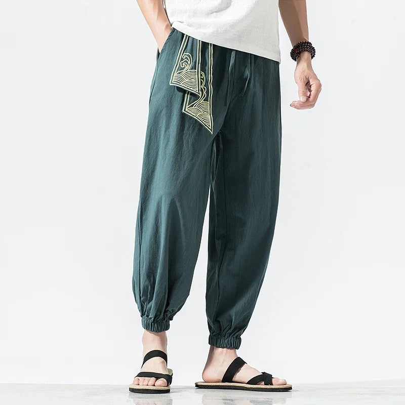 Kimono Men Cotton Linen Japanese Samurai Costume Ukiyo-e Print Belt Retro Harem Pants Mens Hip Hop Harajuku Haori Baggy Trousers