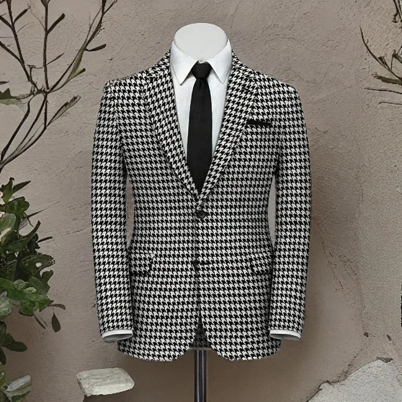 American Style Plaid Formal Men Suit Jacket for Wedding Groom 1 Piece Notch Lapel Slim Fit Houndstooth Male Tuxedo Blazer 2024