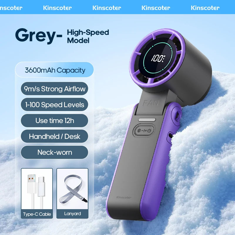 Kinscoter Mini Handheld Cooling Fan LED Display 3600mAh Foldable Portable Fan 100 Wind Speed w/ Lanyard for Outdoor Travel Gift