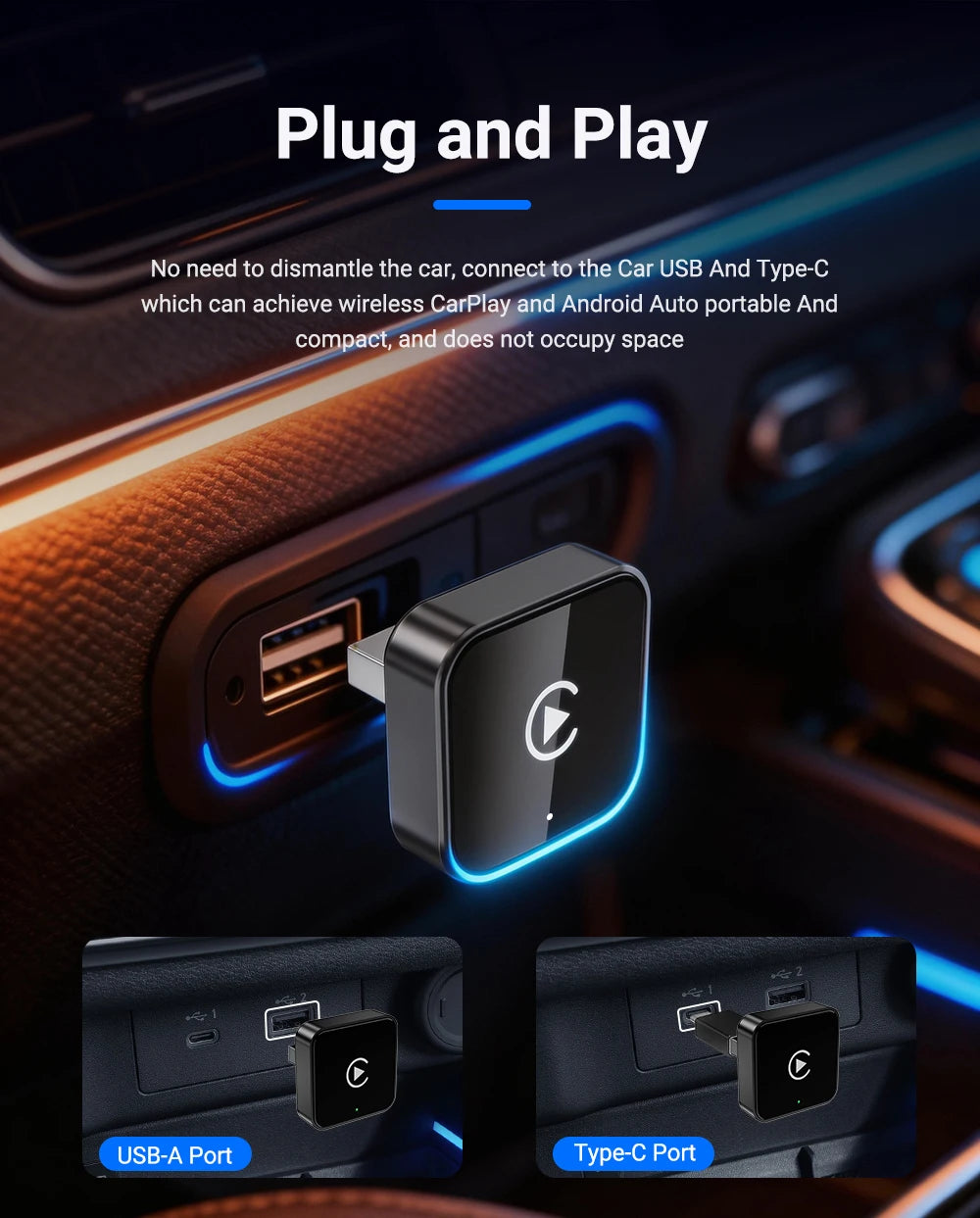 Smart 2in1 CarPlay Android Auto Adapter, Universal Mini Wireless Dongle for Car Entertainment System, Plug and Play Upgrade Wire