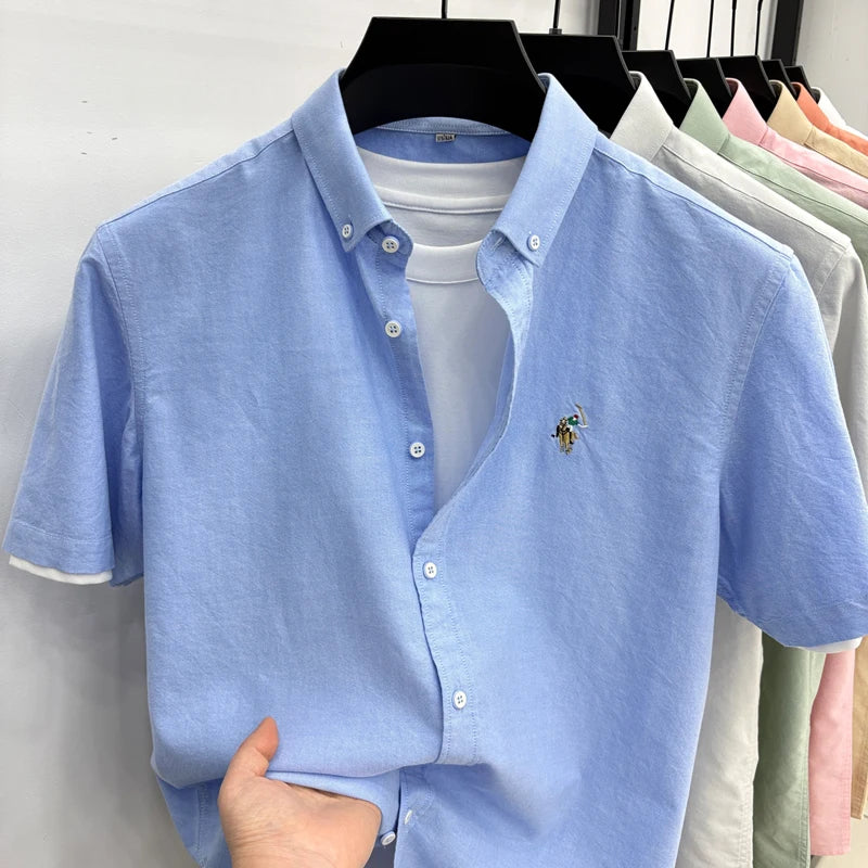 100% Pure Cotton Men's Short Sleeved 2026 New Brand Embroidered Trendy Shirt for Men's Casual Summer Wear