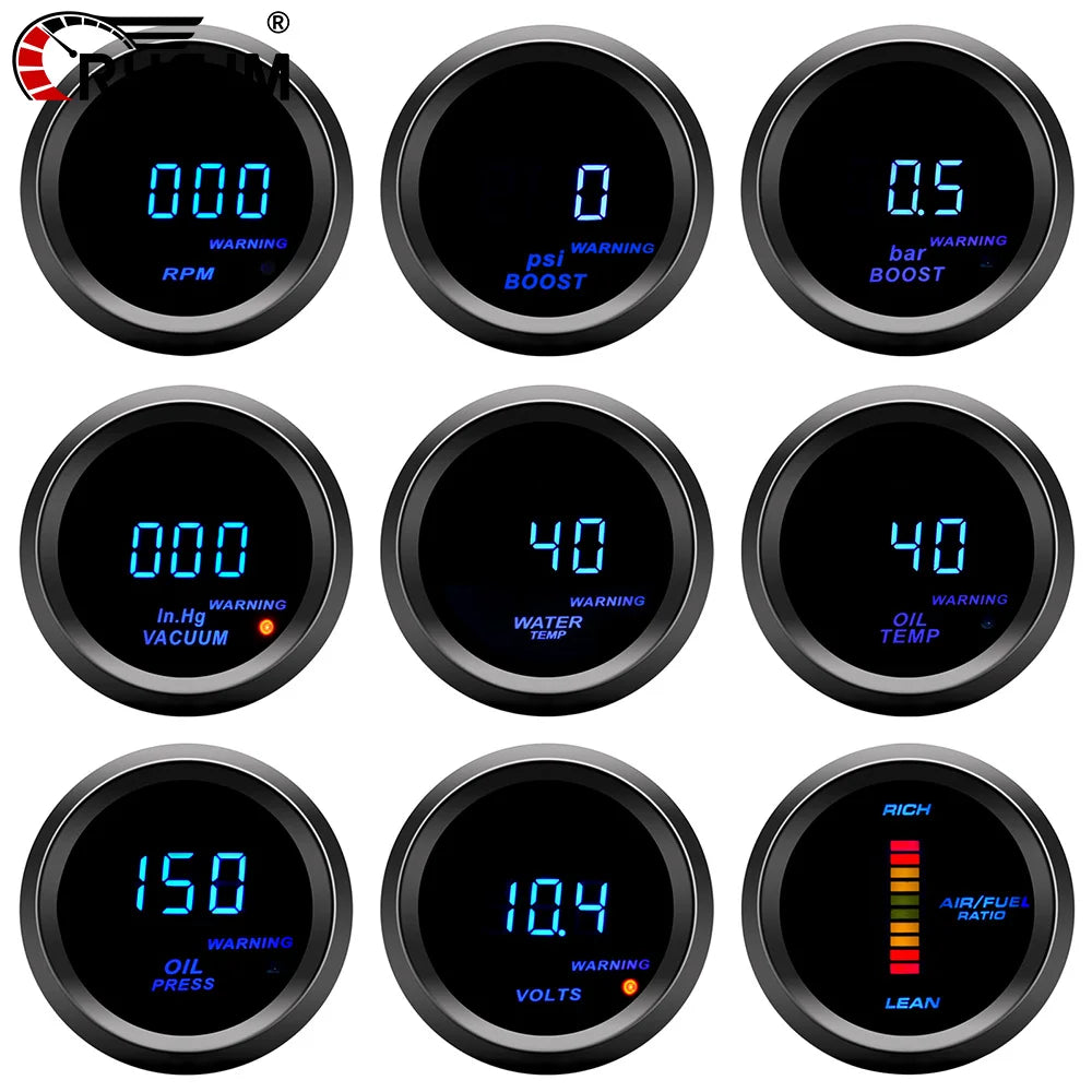 Universal 2 Inch 52MM Digital Display Blue Led 12V Oil Pressure Oil Water Temp Gauge Voltmeter Tachometer RPM Turbo Boost Meter
