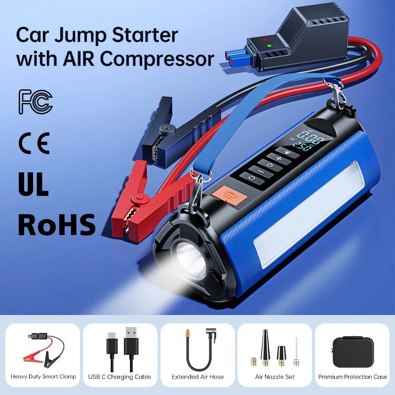 12000 mAh Portable Car Battery Starter&Air Pump 12V Booster  Emergency Jump Starter Powerbank Warning Light Compressor Inflator
