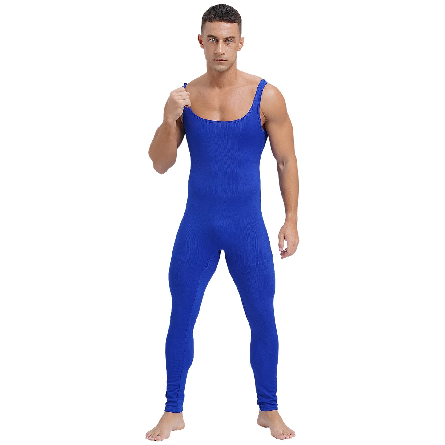Mens Athletic Jumpsuit Square Neck Sleeveless Leotard Ribbed Striped Tank Unitard Wrestling Singlet Workout Yoga Bodysuit Romper