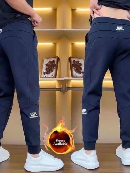 Men's Casual Trousers Autumn Winter Embroidered Fleece Lined Cuffed Thickened Sweatpants Fashionable Elastic Fashion