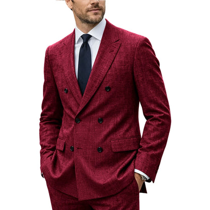 Men's Linen Suit Set  Double Breasted Slim Fit Peak Lapel Formal Blazer Pants Breathable Business Wedding Groom Tuxedo