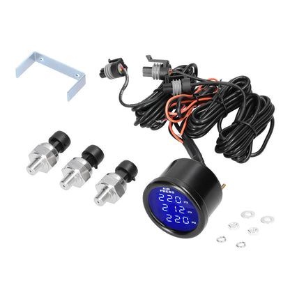 KKMOON Dual/Triple Display Air Pressure Guage LED Digital Air Suspension Gauge 0-220PSI 12/24V with 2pcs/3pcs 1/8NPT Sensors