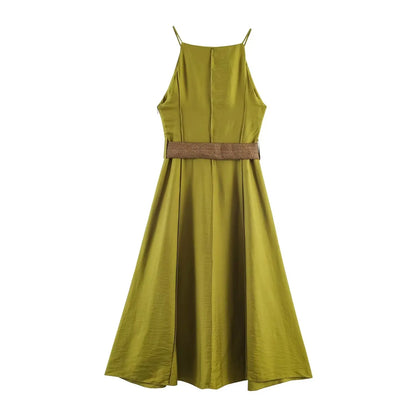Spring Summer New Arrival Women's Long Line Stitch Decoration Collar Belted Midi Strap Dress Casual High Waist Polyester Fibe...