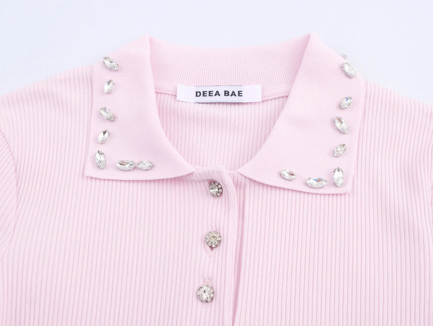 Retro American Diamond Embedded Short Sleeve Knitted T-shirt Women's Sweet Anti-aging Top Jewelry Collar Turn-down Collar