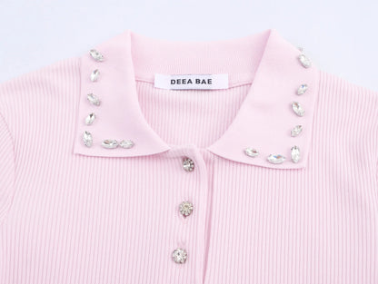 Retro American Diamond Embedded Short Sleeve Knitted T-shirt Women's Sweet Anti-aging Top Jewelry Collar Turn-down Collar