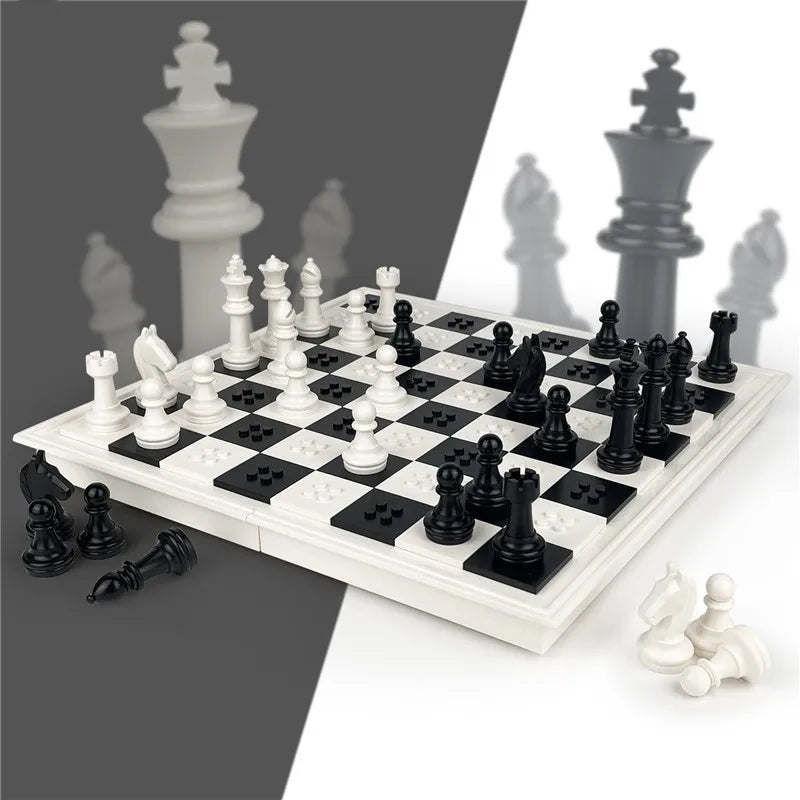 White Chess Set, Premium Folding Building Blocks with Storage Box, Black and White Design,Tabletop Game Toy For Children