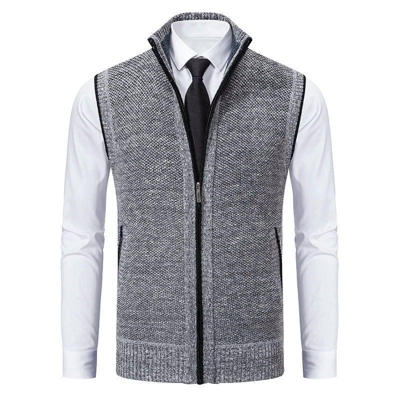 Men's Sleeveless Knit Cardigan, Stand Collar Lightweight Warm Fleece Thick Jacket Vest, Casual Business Outdoor Sports, Fall Win