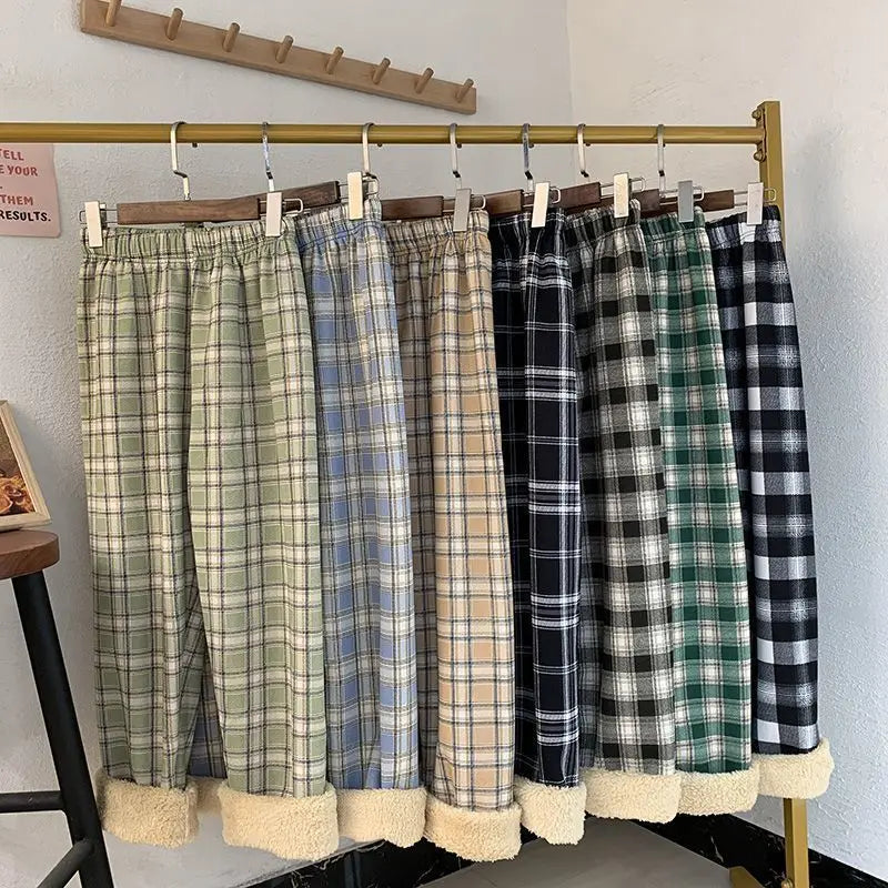 Thickened Fleece Straight Leg Pants Winter New Style Lamb Velvet Plaid Women's High Waist Warm Casual Wide Leg Pants