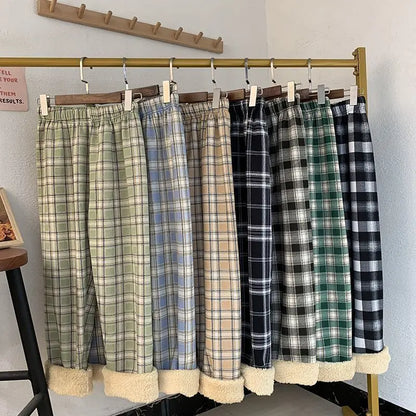 Thickened Fleece Straight Leg Pants Winter New Style Lamb Velvet Plaid Women's High Waist Warm Casual Wide Leg Pants