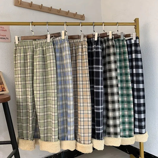 Thickened Fleece Straight Leg Pants Winter New Style Lamb Velvet Plaid Women's High Waist Warm Casual Wide Leg Pants