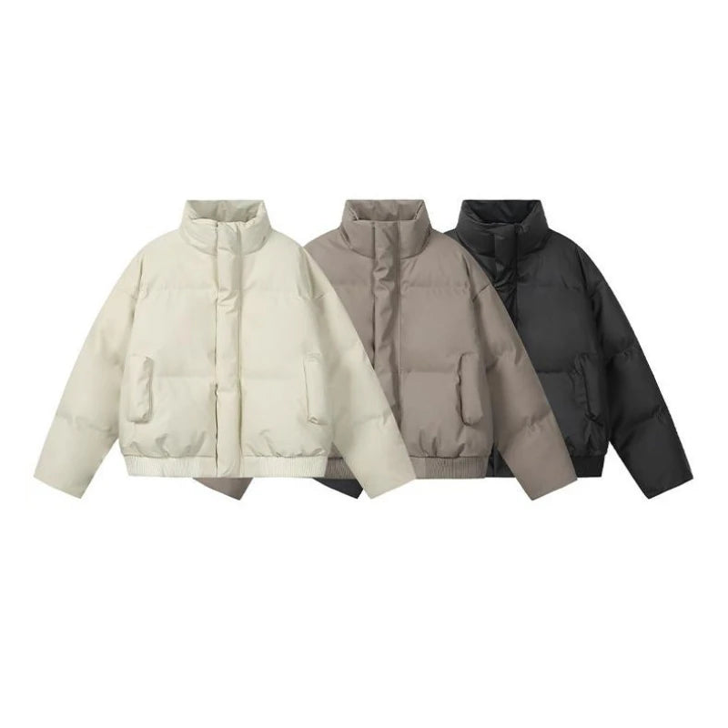 Outdoor Water-Resistant Men's Winter Short Puffer Jacket - Black (Khaki/Beige) M-4XL | PU Leather Trim | Boxy Cropped Fit