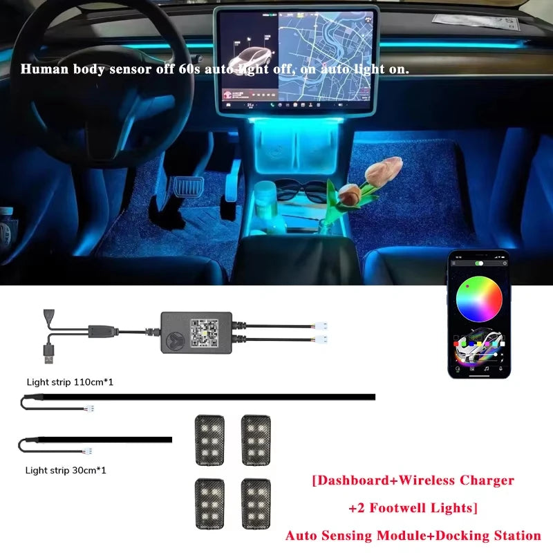 For Tesla Model 3 Model Y Car Ambient Light 60 Seconds Automatic OFF Module With USB Expansion Dock RGB APP Dashboard Lighting